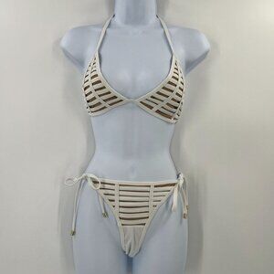 Beach Bunny Hard Summer White Bikini Set XL‎ Strappy Cutout Tie Side Cheeky Swim